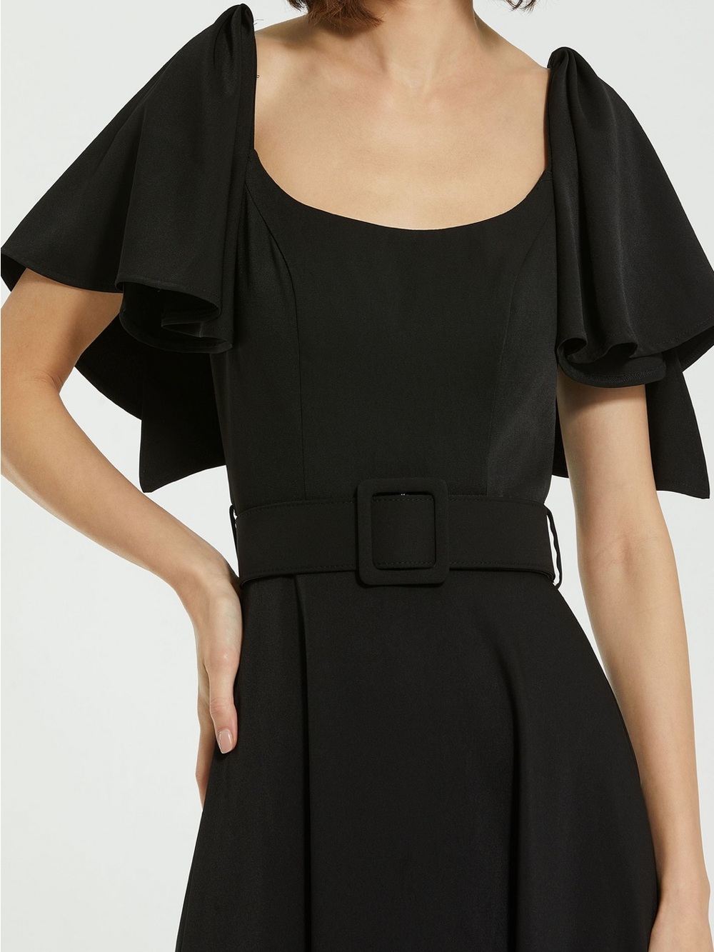 Mac Duggal Black One-Shoulder Belted Dress with Dramatic Sleeve